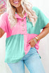 Two Tone Half Buttons Collared T Shirt