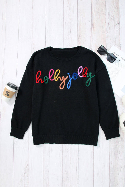 Typographic Letter Print Round Neck Casual Knit Sweater
