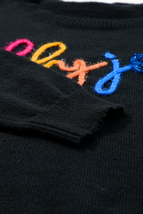 Typographic Letter Print Round Neck Casual Knit Sweater