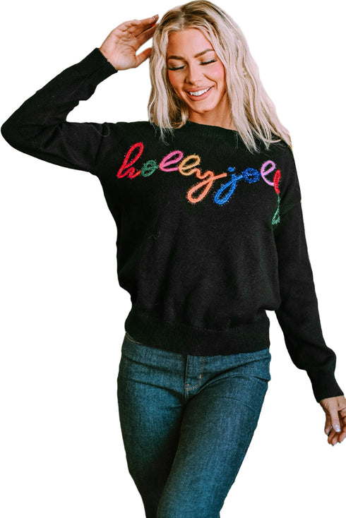 Typographic Letter Print Round Neck Casual Knit Sweater