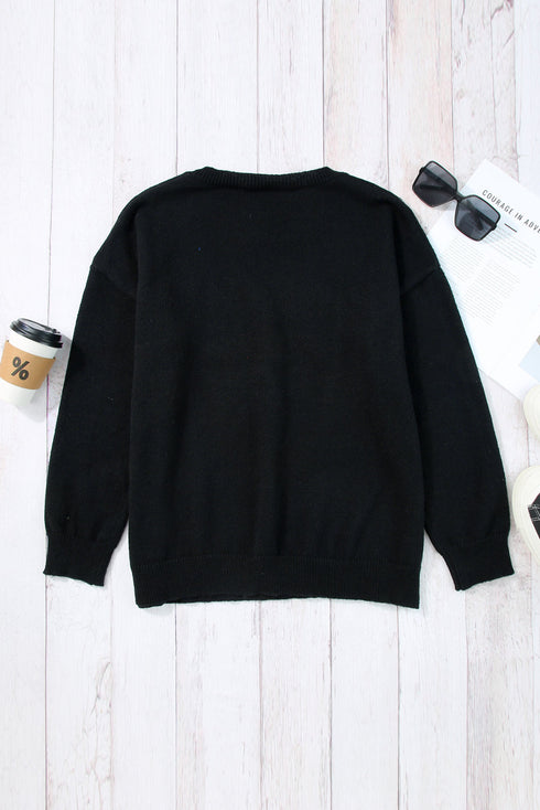 Typographic Letter Print Round Neck Casual Knit Sweater
