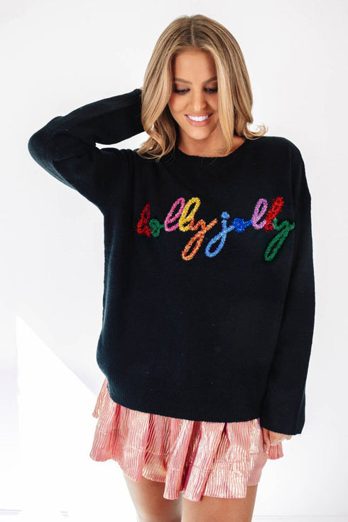 Typographic Letter Print Round Neck Casual Knit Sweater