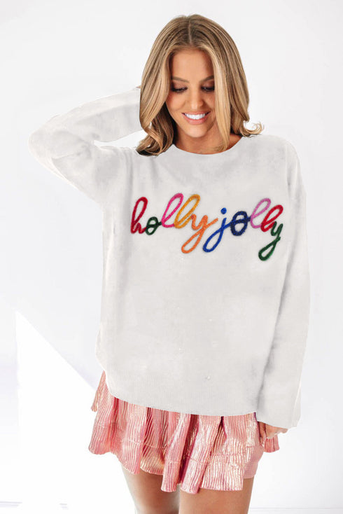 Typographic Letter Print Round Neck Casual Knit Sweater
