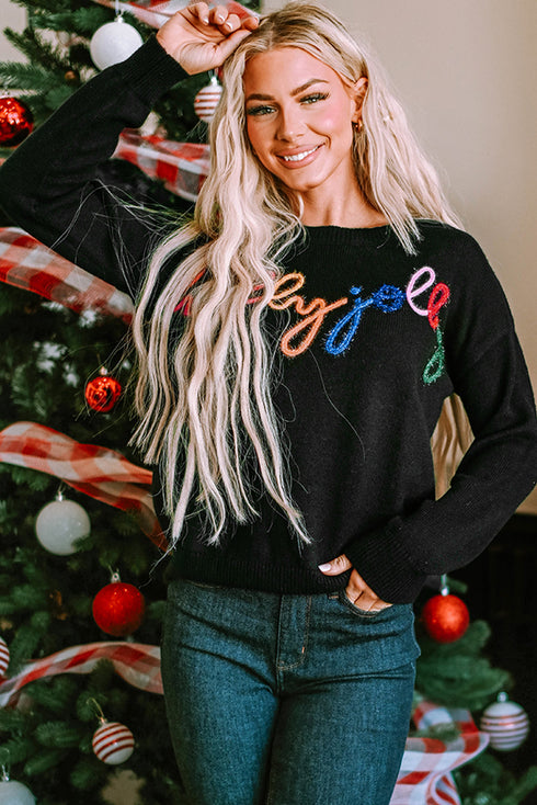 Typographic Letter Print Round Neck Casual Knit Sweater