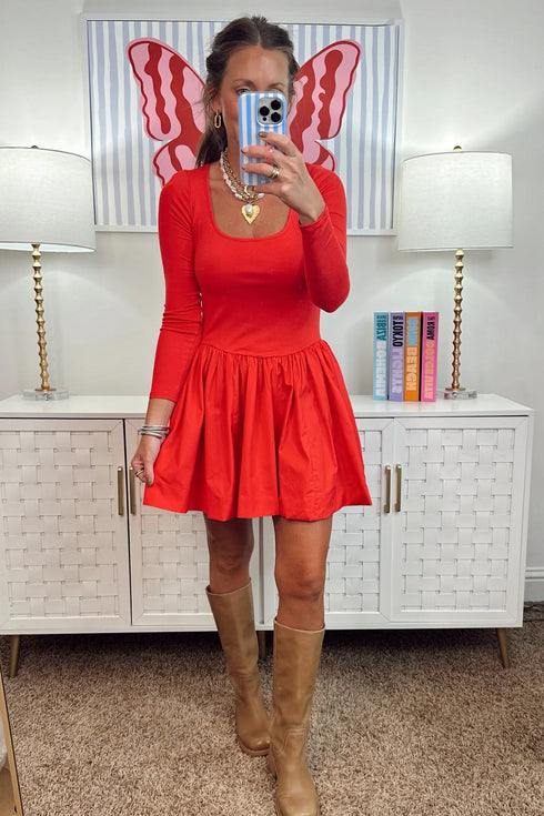U Neck Long Sleeve Fit And Flare Mini Dress