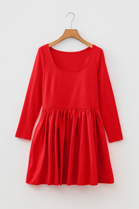 U Neck Long Sleeve Fit And Flare Mini Dress
