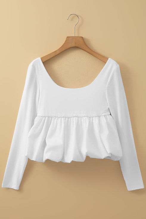 U Neck Long Sleeve Viscose Bubble Hem Blouse