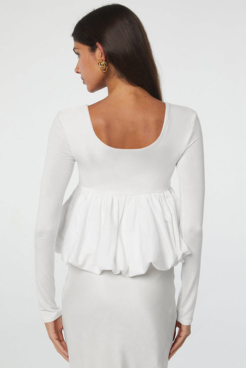 U Neck Long Sleeve Viscose Bubble Hem Blouse