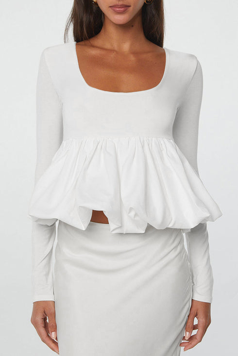 U Neck Long Sleeve Viscose Bubble Hem Blouse