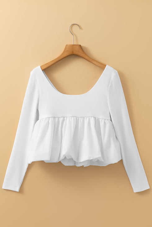 U Neck Long Sleeve Viscose Bubble Hem Blouse