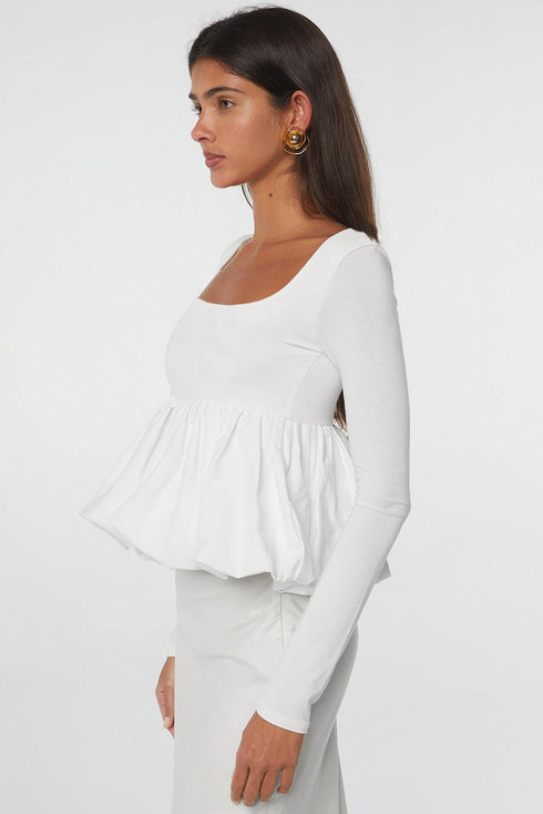 U Neck Long Sleeve Viscose Bubble Hem Blouse