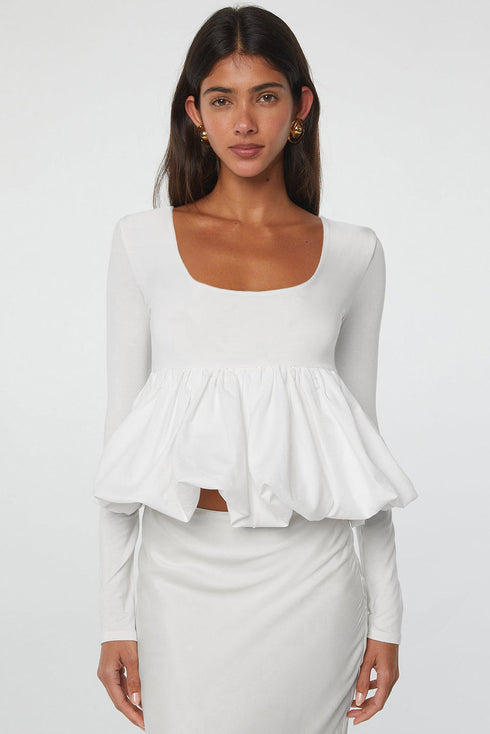 U Neck Long Sleeve Viscose Bubble Hem Blouse