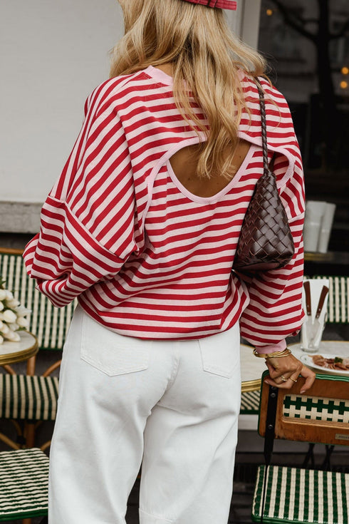 Unexpected Open Back Cutout Striped Relaxed Top