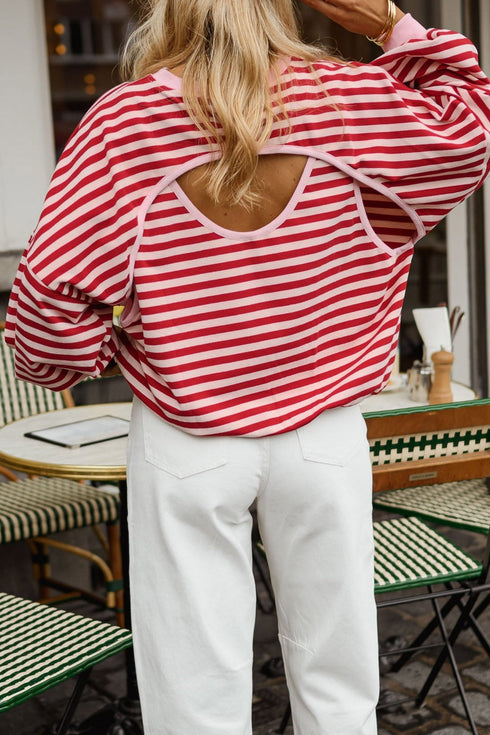 Unexpected Open Back Cutout Striped Relaxed Top