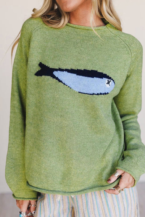 Unique Fish Knit Oversized Round Neck Sweater