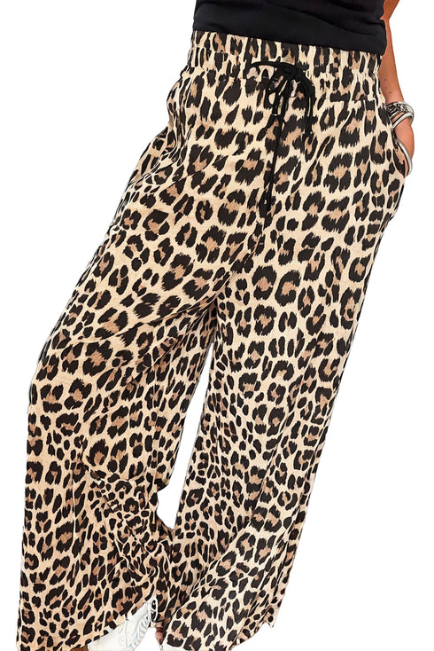 Untamed Spirit Leopard Print Drawstring Wide Leg Flowy Pants