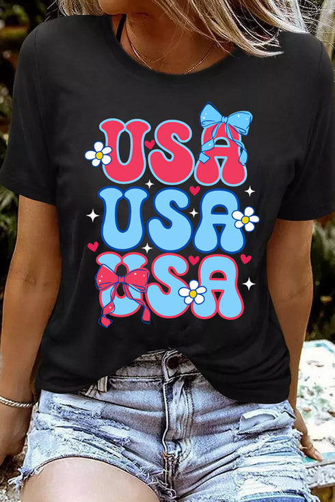 USA Bow Daisy Patriotic Letter Graphic Fourth of July Tee