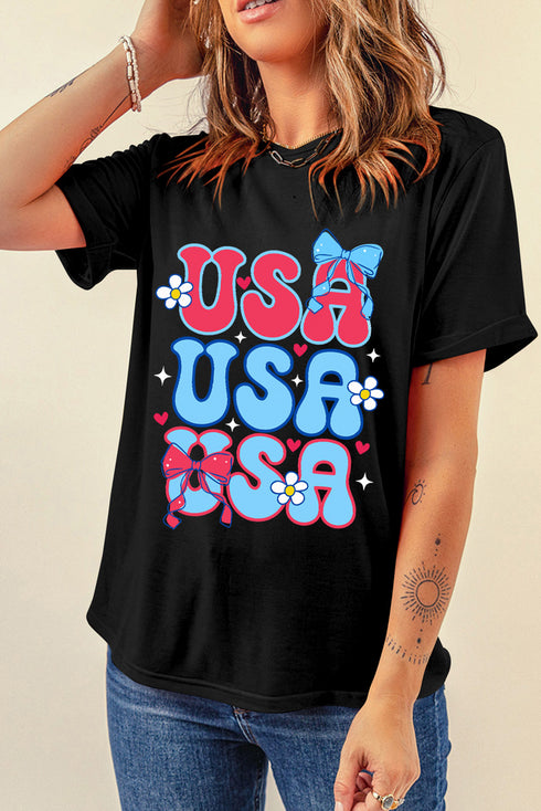 USA Bow Daisy Patriotic Letter Graphic Fourth of July Tee
