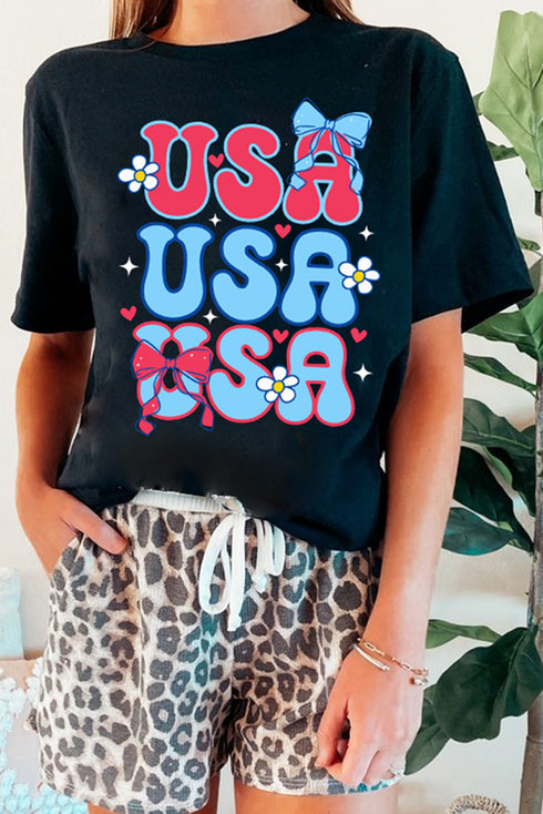 USA Bow Daisy Patriotic Letter Graphic Fourth of July Tee