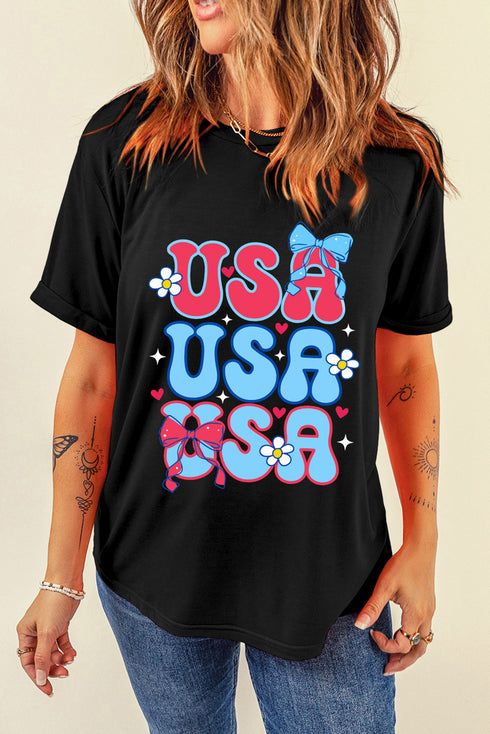 USA Bow Daisy Patriotic Letter Graphic Fourth of July Tee