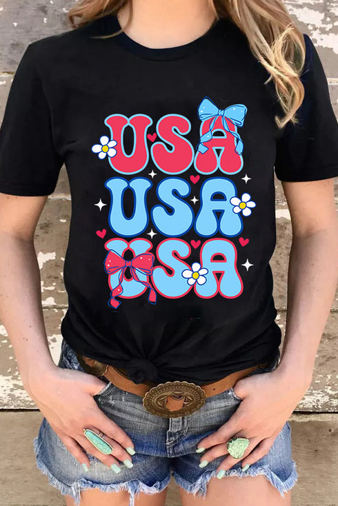 USA Bow Daisy Patriotic Letter Graphic Fourth of July Tee