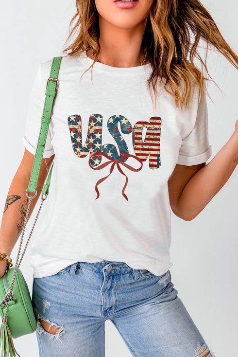 USA Bow Graphic Letter Print Short Sleeve Jersey Tee