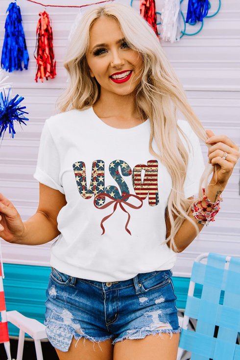 USA Bow Graphic Letter Print Short Sleeve Jersey Tee