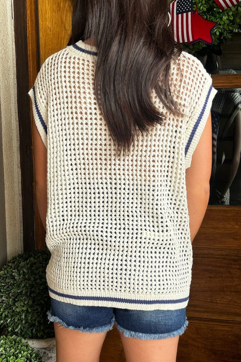 USA Flag Eyelet Knitted Cap Sleeve Sweater