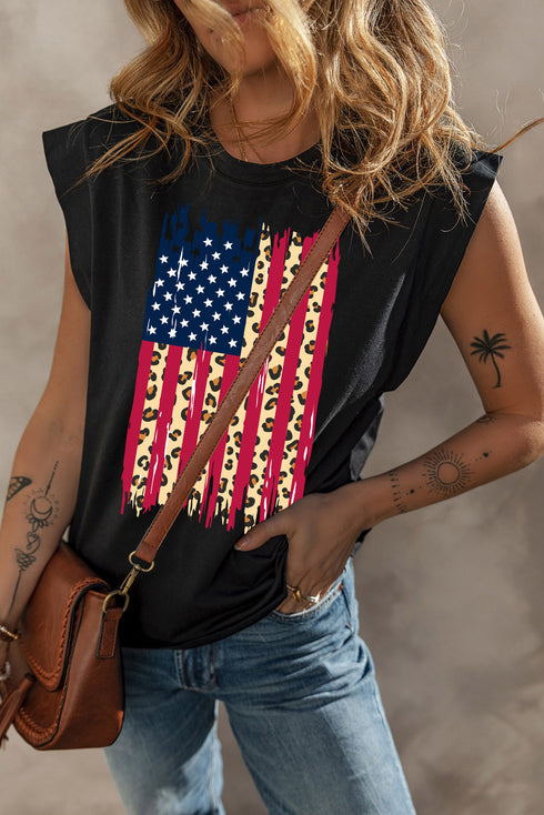 USA Flag Leopard Graphic Cotton Blend Tank Top