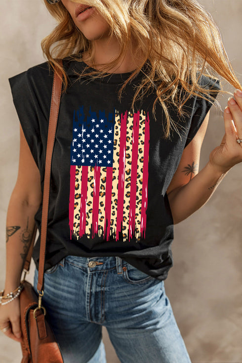 USA Flag Leopard Graphic Cotton Blend Tank Top