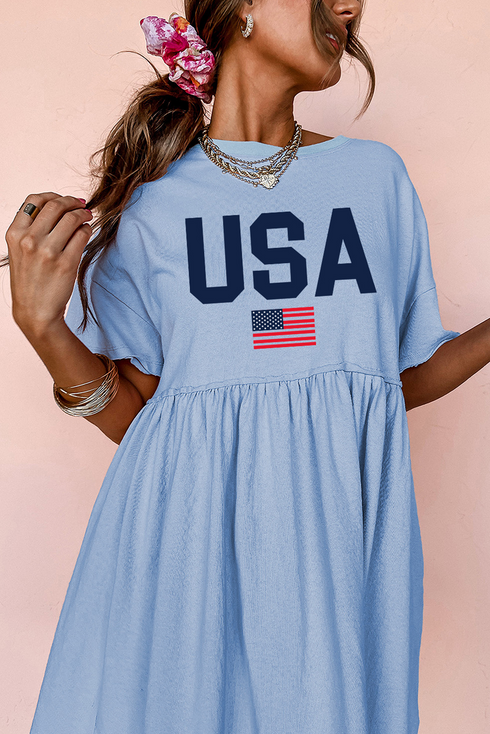 USA Flag Letter Print High Waist Babydoll Graphic Dress