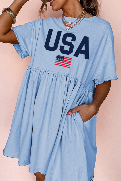 USA Flag Letter Print High Waist Babydoll Graphic Dress