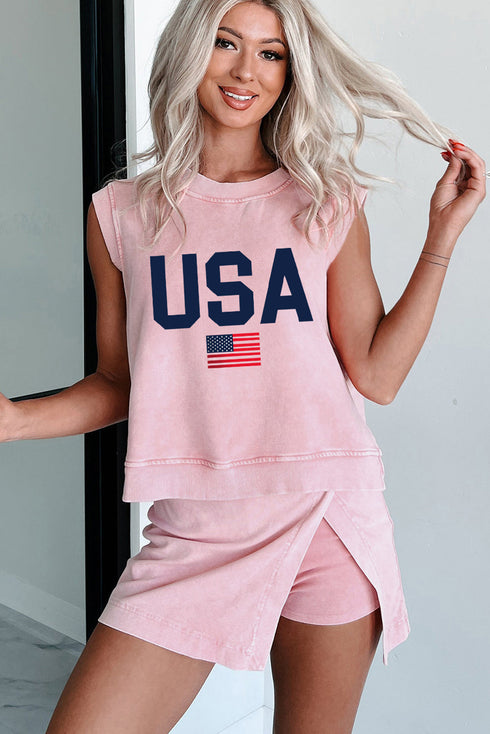 USA Flag Letter Print Tank Top And Skort Graphic Set
