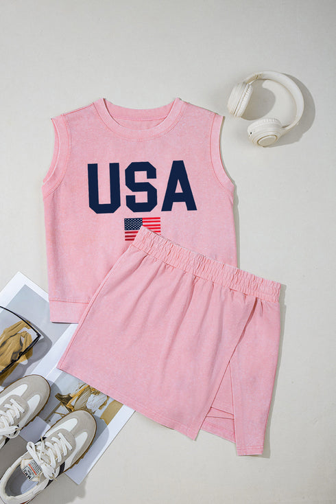 USA Flag Letter Print Tank Top And Skort Graphic Set