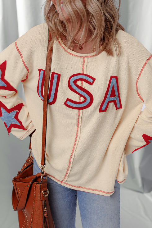 USA Graphic Patchwork Exposed Seam Long Sleeve Top