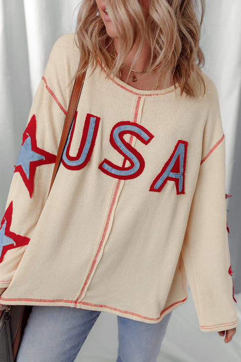 USA Graphic Patchwork Exposed Seam Long Sleeve Top