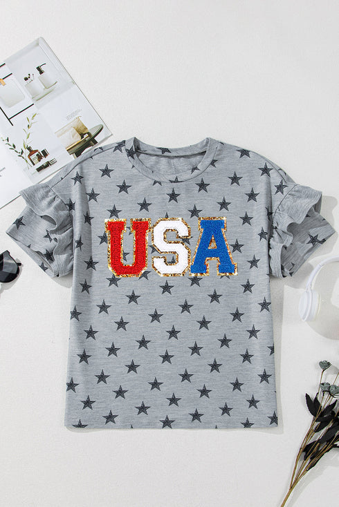 USA Graphic Ruffle Sleeve Relaxed Fit Jersey Tee