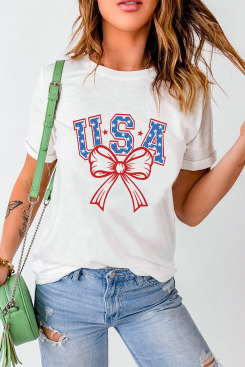 Usa Letter Graphic Bow Print Short Sleeve Tee