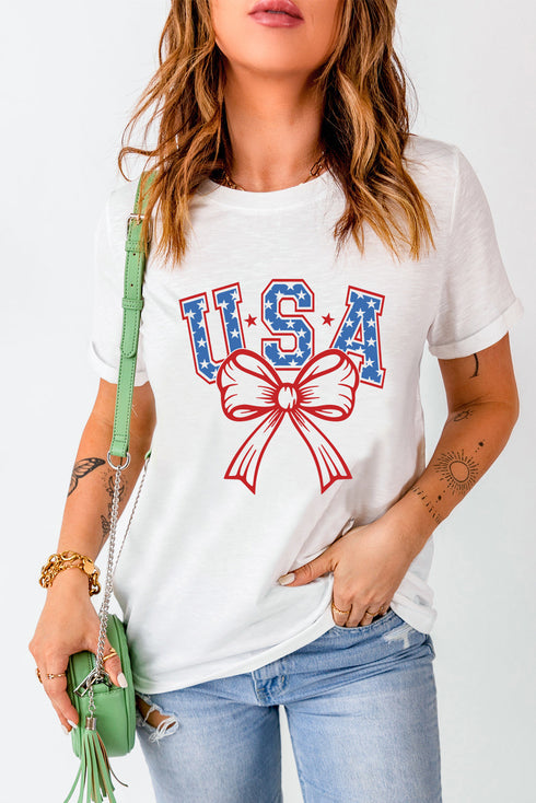 Usa Letter Graphic Bow Print Short Sleeve Tee