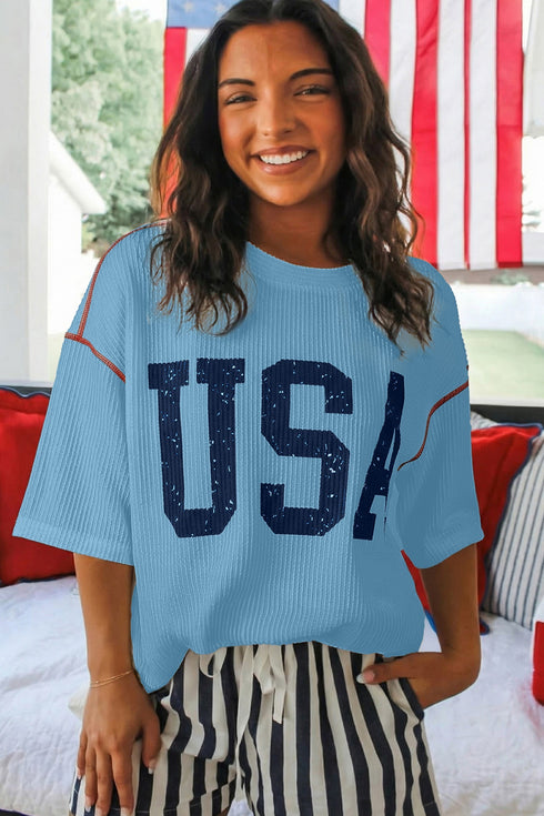 USA Letter Graphic Half Sleeve Loose Ribbed Top