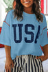 USA Letter Graphic Half Sleeve Loose Ribbed Top