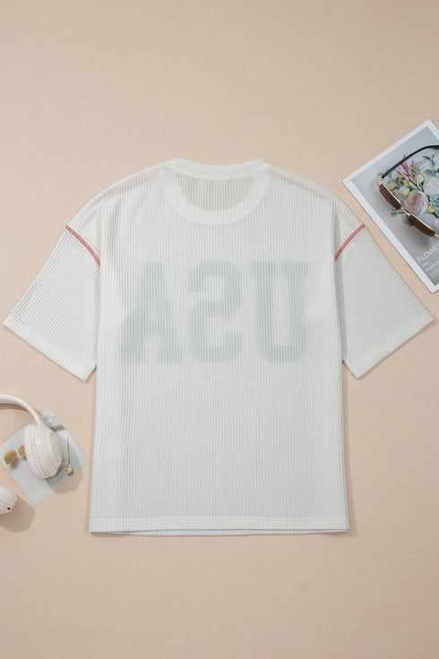 USA Letter Graphic Half Sleeve Loose Ribbed Top