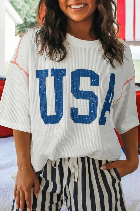 USA Letter Graphic Half Sleeve Loose Ribbed Top