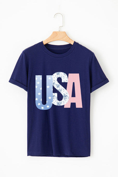 USA Letter Print Short Sleeve Crew Neck Tee