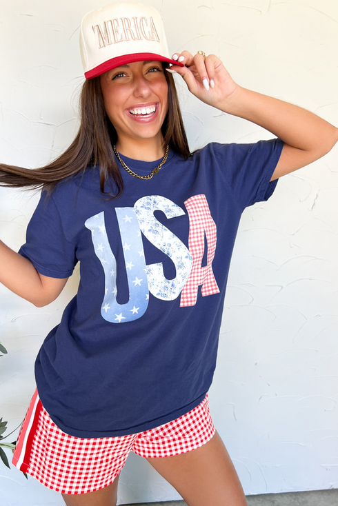 USA Letter Print Short Sleeve Crew Neck Tee