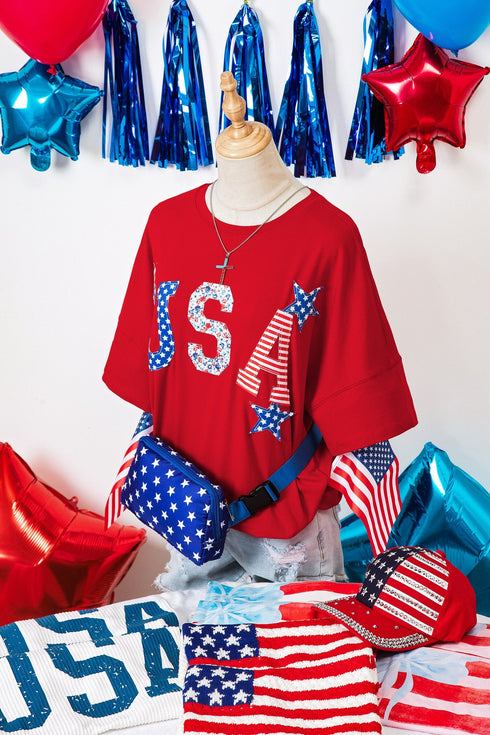 USA Slogan Letter Print Patch Embroidered Short Sleeve Tee