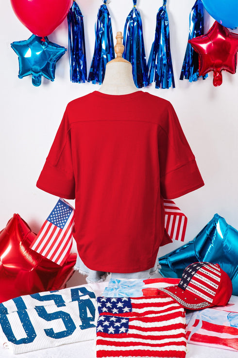 USA Slogan Letter Print Patch Embroidered Short Sleeve Tee