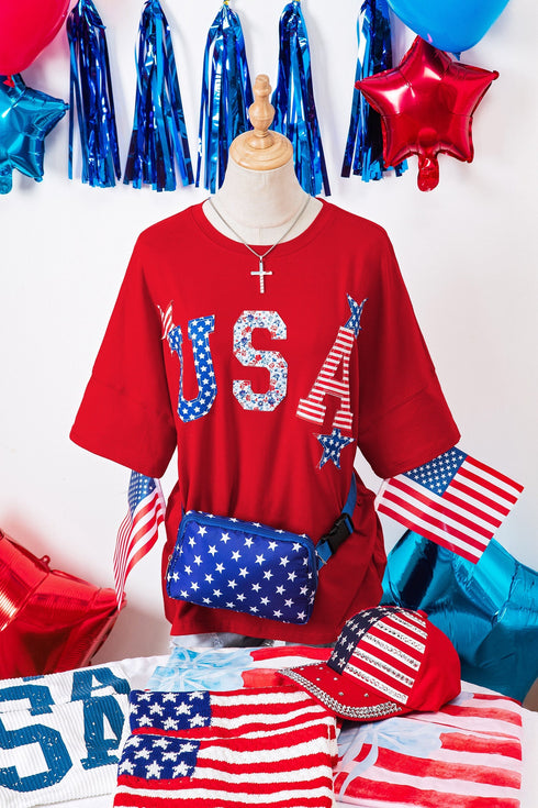 USA Slogan Letter Print Patch Embroidered Short Sleeve Tee
