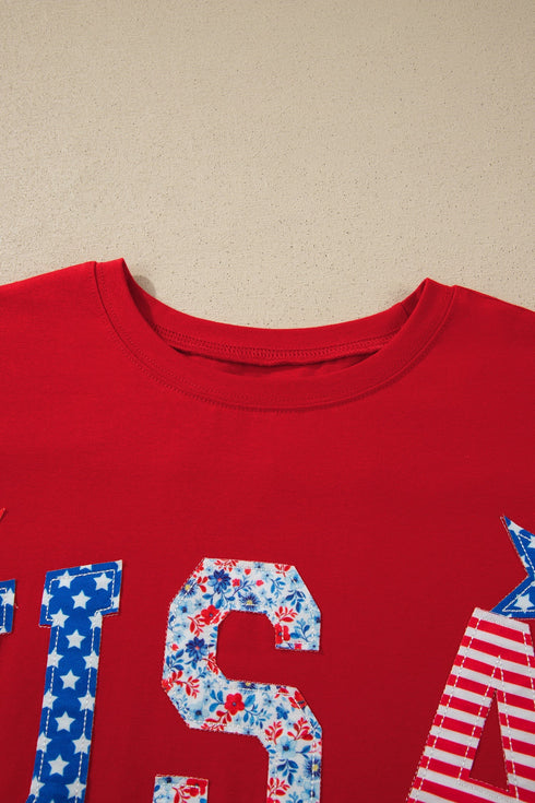 USA Slogan Letter Print Patch Embroidered Short Sleeve Tee
