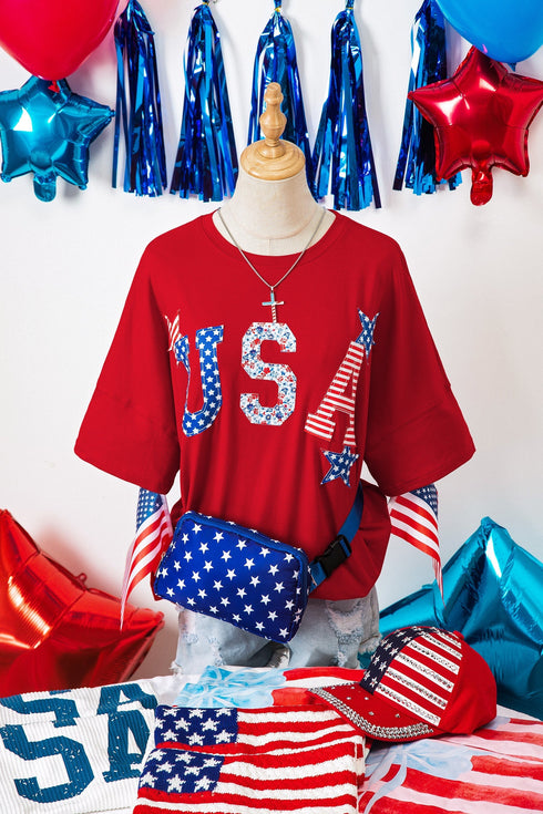USA Slogan Letter Print Patch Embroidered Short Sleeve Tee